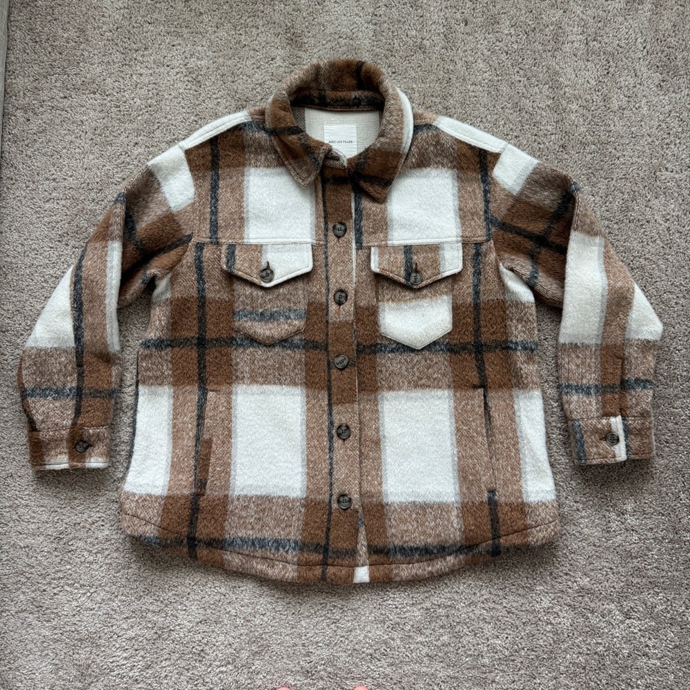Avec Les Filles Plaid Shirt Jacket Brown Cream Shacket Womens Size L 81334